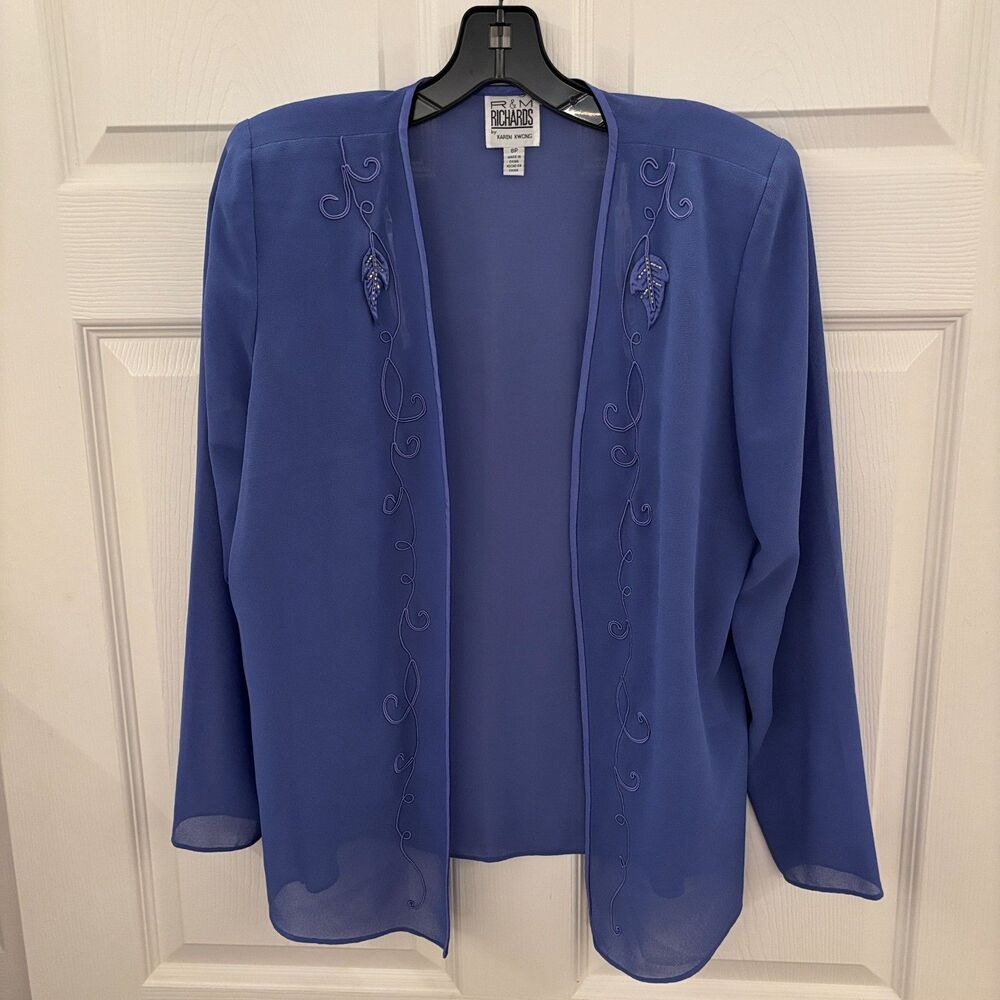 Vintage 90s R&M Richards Karen Kwong Blue 3-Piece Beaded Pantsuit Set Size 8P